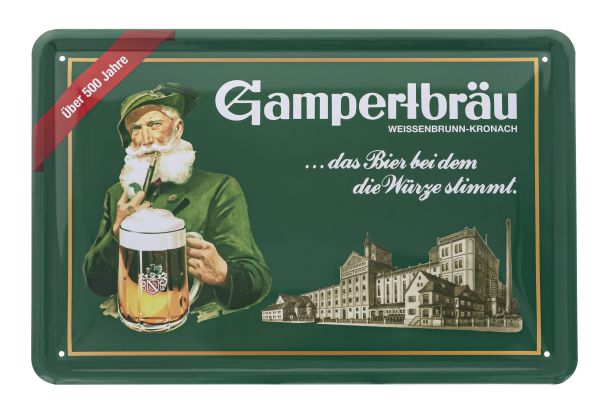 Gampertbräu Blechschild Gampertbräu Blechschild mit Logo und historischem Bild der Brauerei